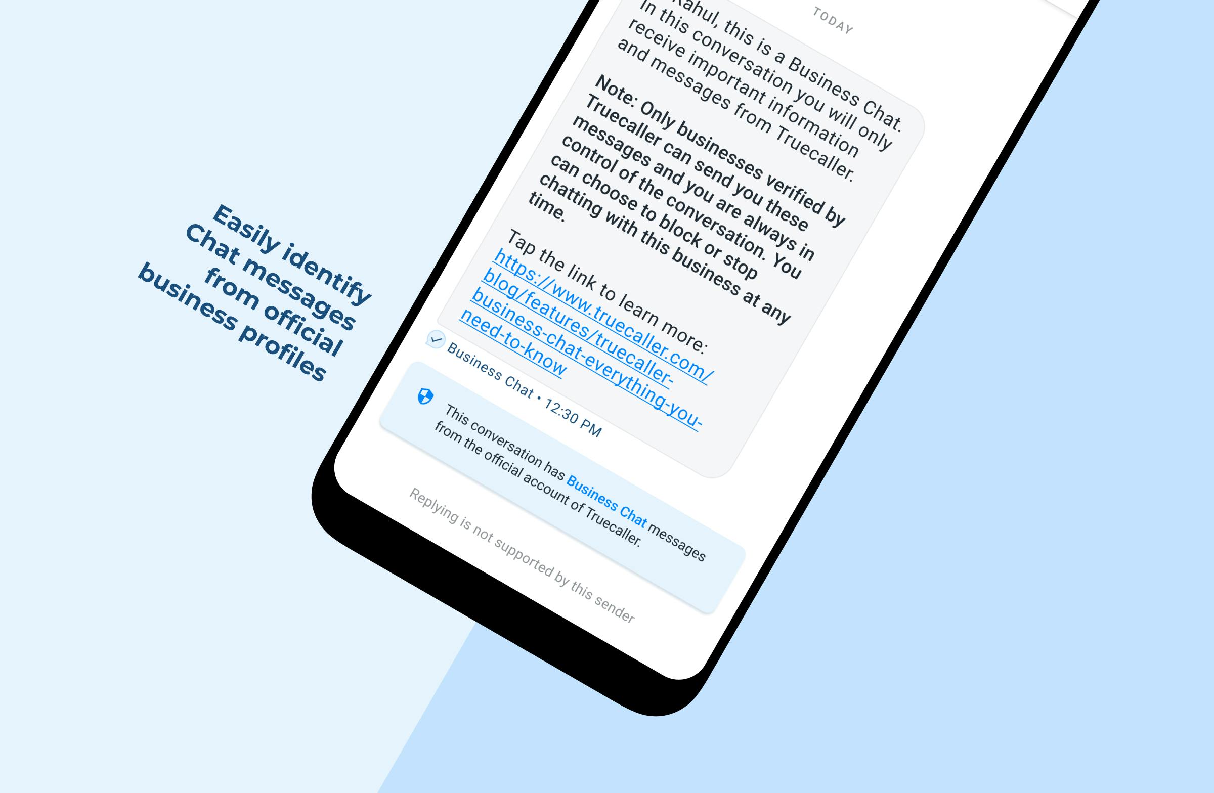 Phone screen showing a Business Chat with the text "Easily identify Chat messages from official business profiles"