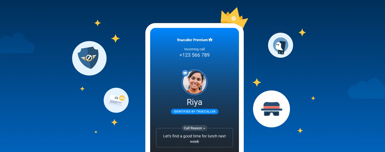 Blue screen with phone showcasing the Truecaller app identifying a number