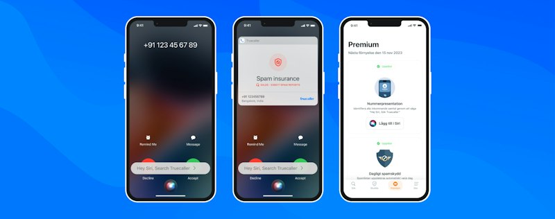 Blå skärm med tre telefonskärmar som visar hur Truecaller-appen ser ut på en iPhone.