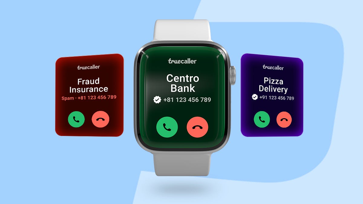 Image showcasing three smartwatch screens with a spam call coming in, a verified business and an identified call