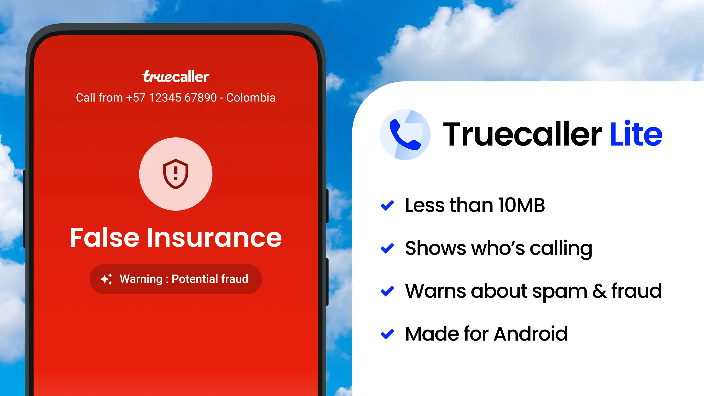 Blue sky with one red phone screen with a fraud call, one white screen explaining what's included on Truecaller Lite