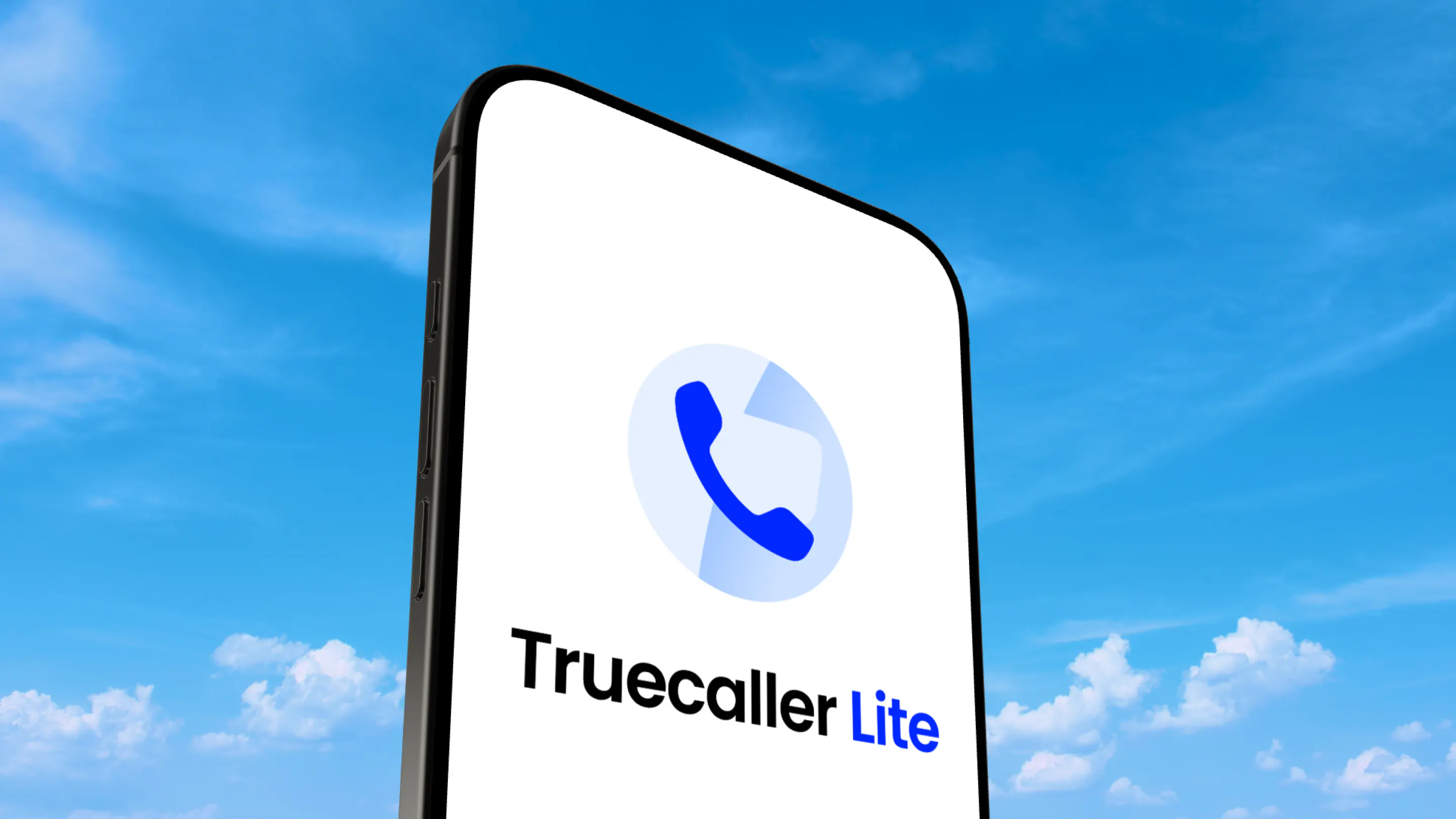 Blue skies with a white phone screen with the word Truecaller Lite