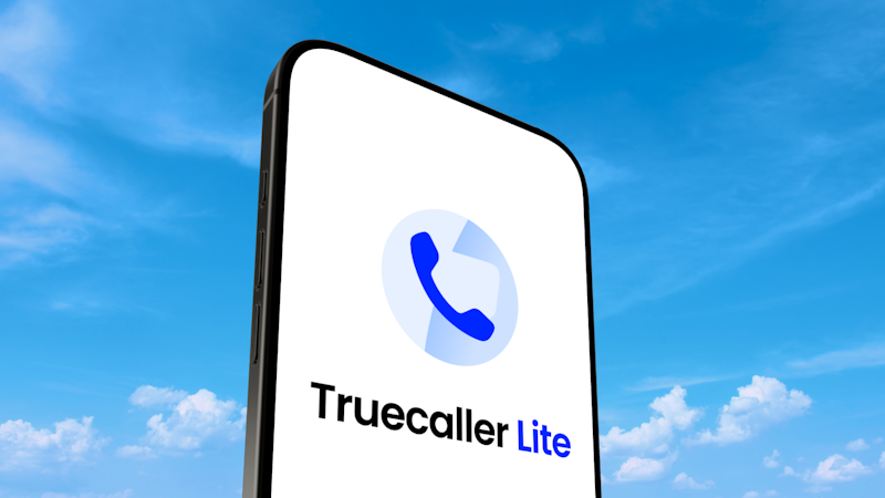 Blue skies with a white phone screen with the word Truecaller Lite