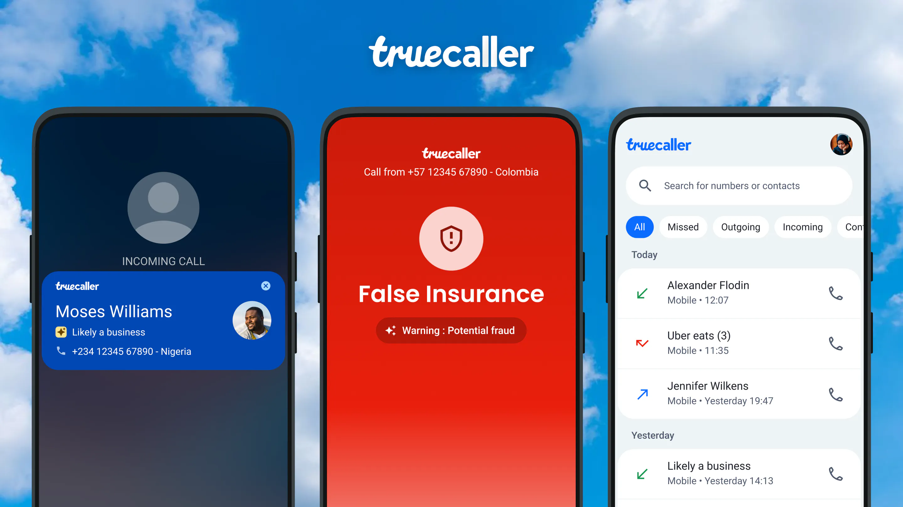 Shows three screens, one with an incoming call, one with a fraud call and one with your call log.